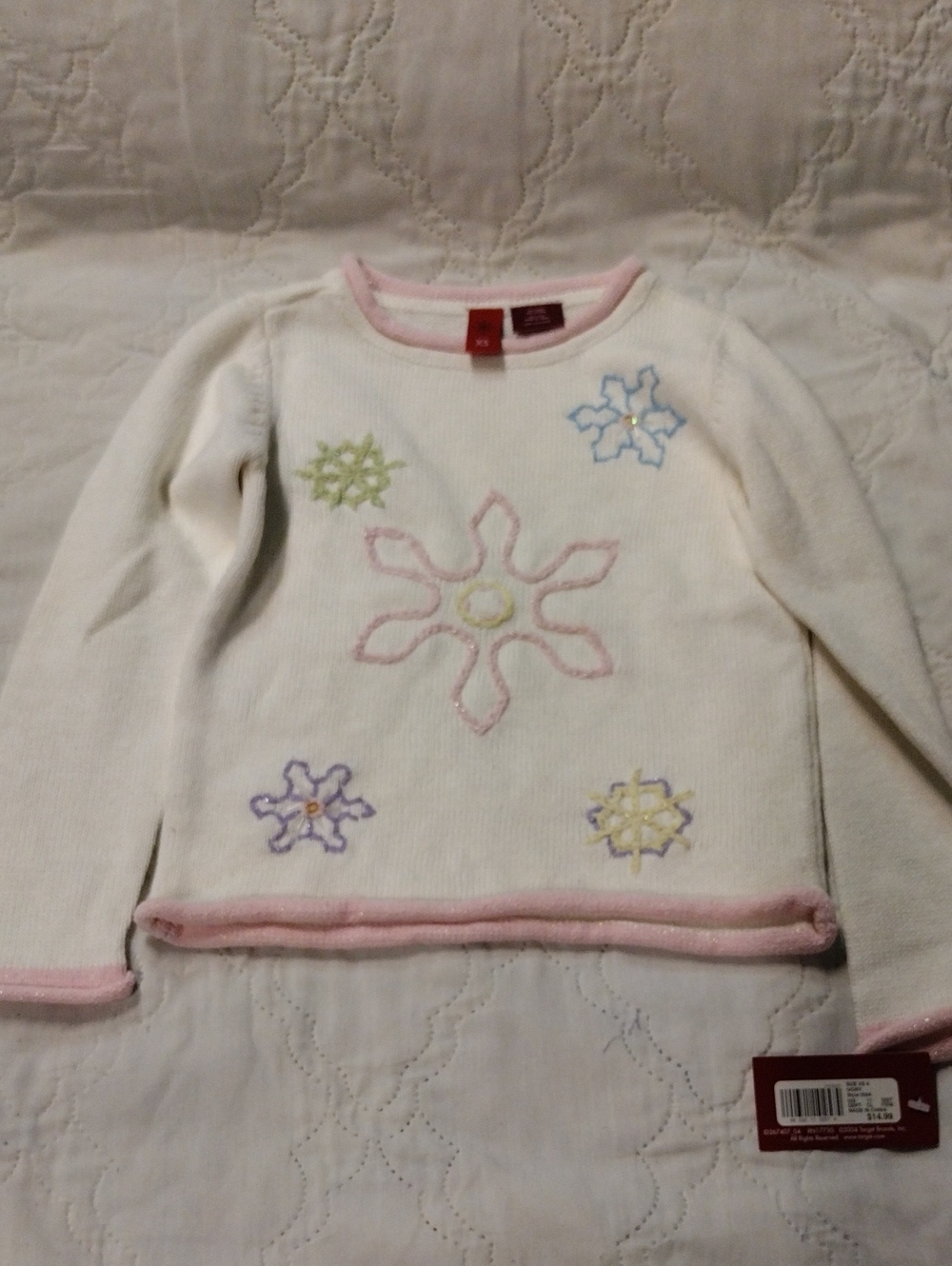 Target White Sweater Top with Pink Trim and Pastel Snowflake Embroidery